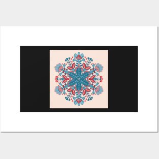 Blue, Pink and Red Mandala Snowflake Pattern Posters and Art